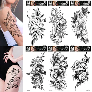Sexy Negro de Flores Tatuajes Temporales Para las Mujeres Muslo Hombres Manga del Brazo de Rosa Flor Realista Falso 3D Tatuajes Antebrazo Tatuaje Pegatinas